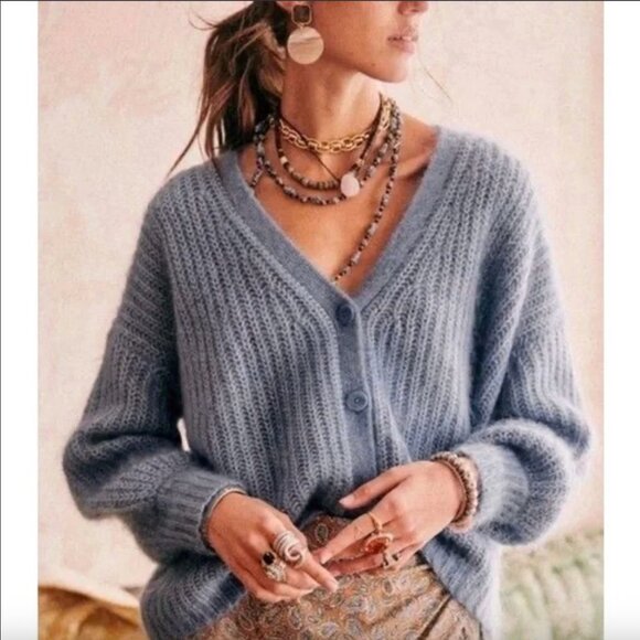 Sezane Achille Jumper Ribbed Knit Oversized Cardigan Sweater in Vintage Blue XXL - Picture 1 of 5